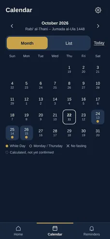 Ibdar calendar with White Days marked