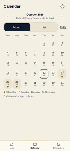 Ibdar calendar with White Days marked